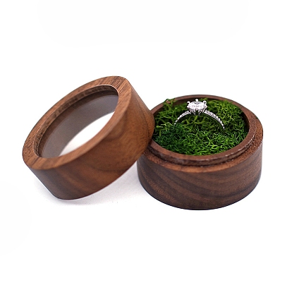 Round Wood Ring Storage Boxes, Wooden Wedding Ring Gift Case with Simulation Moss Inside and Visible Window, for Wedding, Valentine's Day