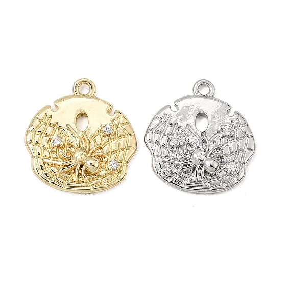 Brass Micro Pave Clear Cubic Zirconia Pendants, Web with Spider Charms