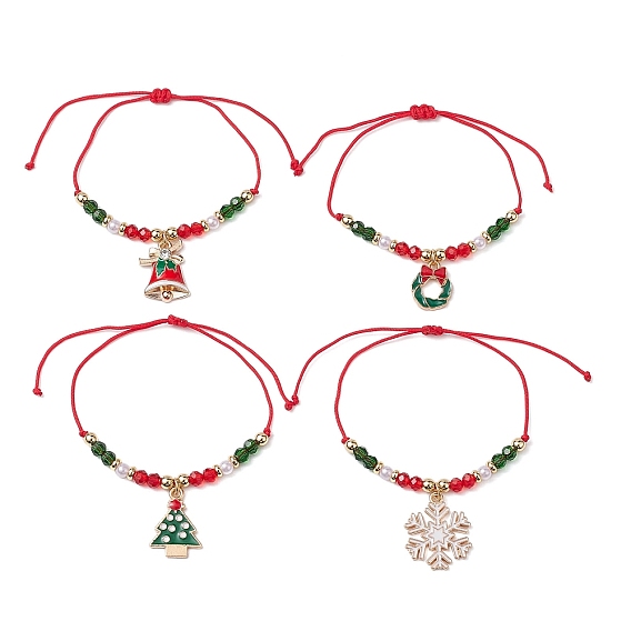 4шт 4 стиль рождественская тема сплав эмаль браслеты комплект, стеклянные бусины стеклянные плетеные браслеты из бисера, рождественский колокольчик, елка, снежинка и венок