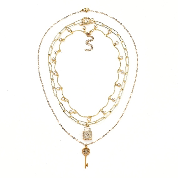 Pendant Necklaces Sets, with Brass Chains, 304 Stainless Steel Toggle Clasps & Lobster Claw Clasps, Brass Micro Pave Cubic Zirconia Pendants, Lock & Key