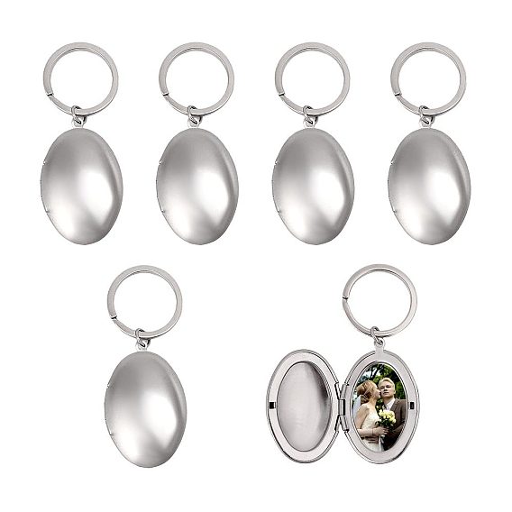 6Pcs 316 Stainless Steel Locket Pendant Keychain, Oval, with Iron Rings