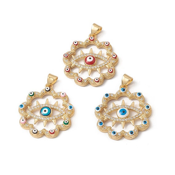 Rack Plating Brass Enamel Pendants, with Cubic Zirconia, Cadmium Free & Lead Free,, Flower with Evil Eye, Real 18K Gold Plated, Long-Lasting Plated