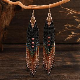 Винтажные богемные стеклянные бусины ручной работы, серьги-подвески в форме ромба, золотые