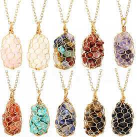 TikTok natural colorful crystal gravel amethyst copper wire hand-woven net bag pendant necklace N657