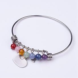 304 Stainless Steel Heart Charm Bangles, with Natural Gemstone Beads