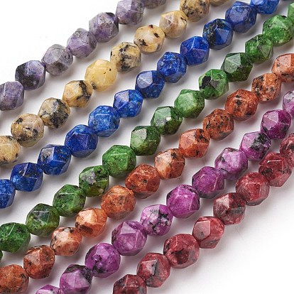 Natural Sesame Jasper/Kiwi Jasper Beads Strands, Star Cut Round Beads, Dyed, Faceted