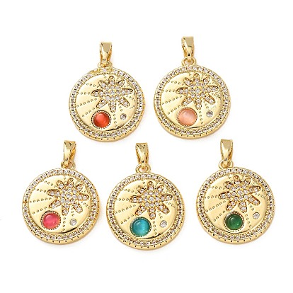 Подвески из латунных микростразов, cmолой, плоские круглые прелести, золотые