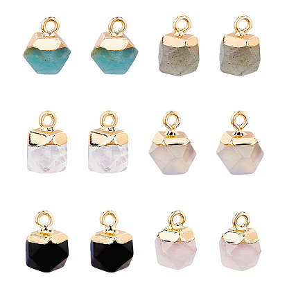 12 шт. 6 стили гальванопокрытие синтетический черный камень, Подвески-шармы из натурального лабрадорита, амазонита, розового кварца, серого агата и кристаллов кварца в форме звезды, с железной фурнитурой, граненые, золотые