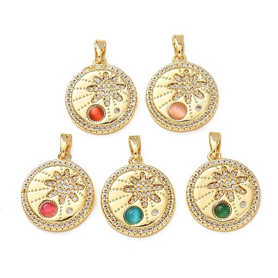 Подвески из латунных микростразов, cmолой, плоские круглые прелести, золотые