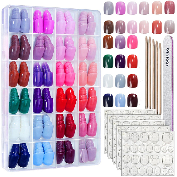 ABS Plastic Pure Color Press On False Nails, Nail Art Decoration Accessories, with Adhesive Tapes & Manicure File and Stick