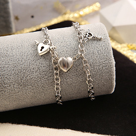 Stainless Steel Magnetic Heart-shaped Lock Key Couple Bracelet Set
