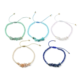 5Pcs 5 Style Natural & Synthetic Mixed Gemstone Chips & Glass Braided Bead Bracelets Sets, Nylon Adjustable Bracelets