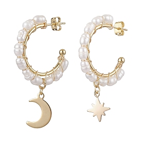 Moon & Star Natural Pearl Dangle Half Hoop Earrings, Asymmetrical Stud Earrings, Brass Jewelry for Women