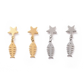 304 Stainless Steel Fishbone with Star Dangle Stud Earrings for Women