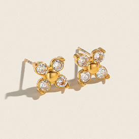 304 Stainless Steel Micro Pave Cubic Zirconia Flower Stud Earrings for Women