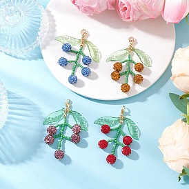 4Pcs 4 Colors Glass Seed Beaded & Polymer Clay Rhinestone Fruit Pendant Decorations, with Acrylic Leaf, Golden