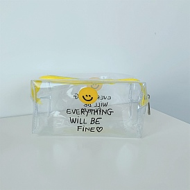 Transparent PVC Cosmetic Storage Bags, Smiling Face Waterproof Makeup Zipper Bags with Belt, Rectangle