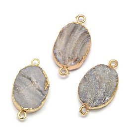 Oval Natural Druzy Agate Links Connectors, with Eco-Friendly Golden Tone Brass Findings, 26~28x15x5~7mm, Hole: 2mm
