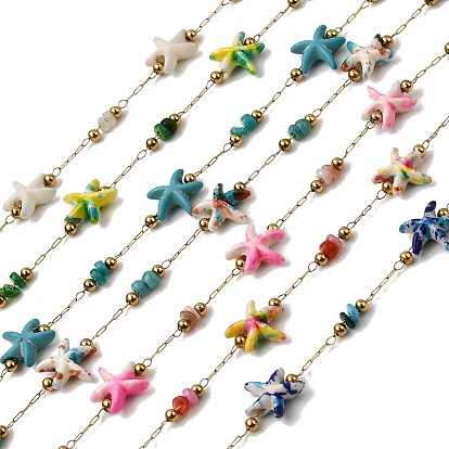 Ручная работа 304 звенья цепи из нержавеющей стали с имитацией бирюзы в виде морской звезды, пайки, с 316 цепями из нержавеющей стали, катушкой и окрашенной оболочкой, ионное покрытие (ip), реальный 18 k позолоченный