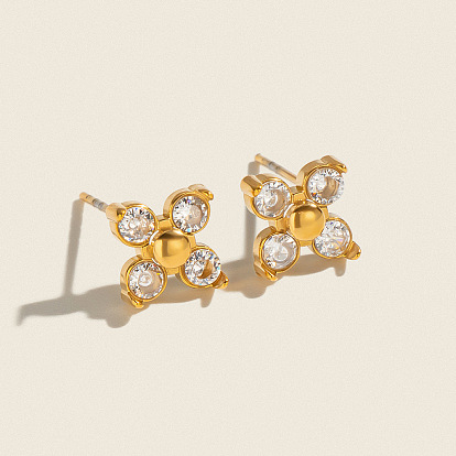 304 Stainless Steel Micro Pave Cubic Zirconia Flower Stud Earrings for Women