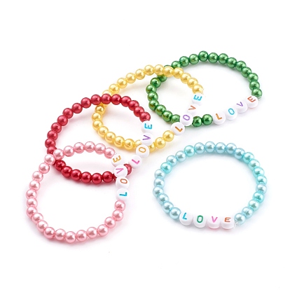 Round Acrylic Imitation Pearl Stretch Beaded Bracelets for Kids, with Letter Beads, Word Love