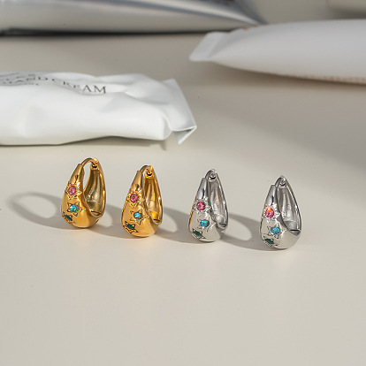 Серьги-кольца из нержавеющей стали с разноцветными стразами