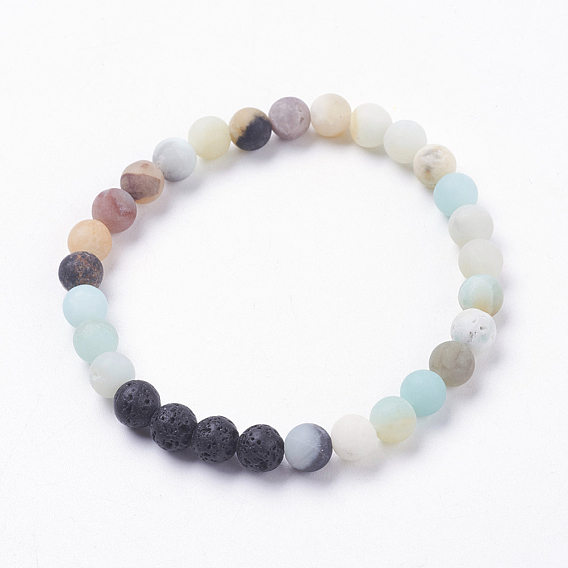 Forsted Natural Amazonite Stretch Bracelets, with Natural Lava Rock Beads