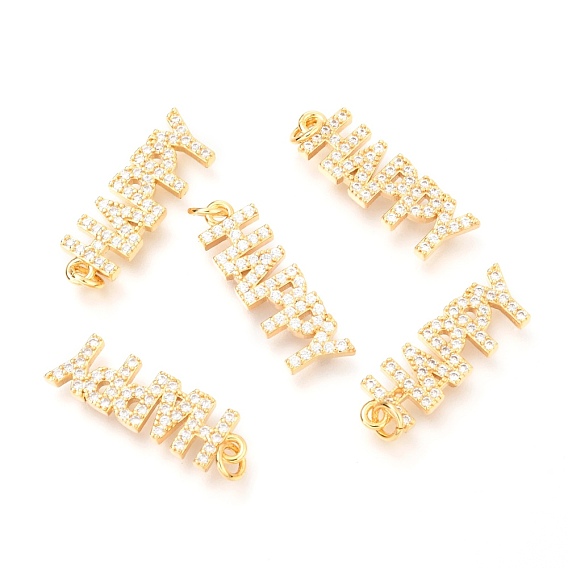 Латунные микропаве прозрачные подвески с фианитом, с прыжковых колец, слово счастливое
