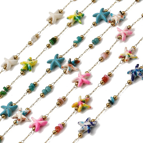 Ручная работа 304 звенья цепи из нержавеющей стали с имитацией бирюзы в виде морской звезды, пайки, с 316 цепями из нержавеющей стали, катушкой и окрашенной оболочкой, ионное покрытие (ip), реальный 18 k позолоченный