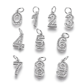 Brass Micro Pave Clear Cubic Zirconia Charms, with Jump Ring, Number