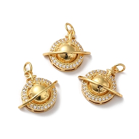 Rack Plating Brass Cubic Zirconia Pendants, with Jump Ring, Lead Free & Cadmium Free, Long-Lasting Real 18K Gold Plated, Planet Charm