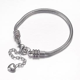 304 Stainless Steel European Round Snake Chains Bracelets, with Lobster Claw Clasp and Heart Charms