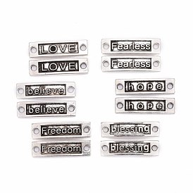 Tibetan Style Alloy Rectangle Word Links Connectors, Hope, Blessing, Love, Believe, Freedom and Fearless, 35x9~10x2~2.5mm, Hole: 2.5~3mm