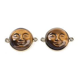 Natural Tiger Eye Smiling Face Links Connector Charms, Golden Tone Rack Plating Brass Flat Round Charms