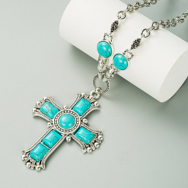 Vintage Cross Pendant Necklace with Turquoise Stones for Women - Multi-layered Alloy Sweater Chain Jewelry