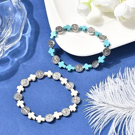 2Pcs 2 Colors Dyed Synthetic Turquoise & Alloy Flat Round Beads Stretch Bracelets for Men Women, Cross