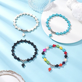 4Pcs 4 Colors Synthetic Turquoise Cross Beaded Charm Bracelets, Stretch Bracelets for Men Women, with Alloy Findings