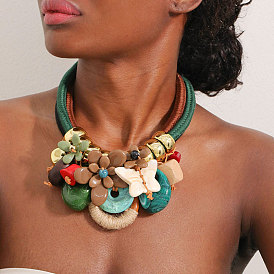 Кольцо-бабочка с цветком, подвеска из акрила и дерева 2-нить из хлопкового шнура, ожерелье-нагрудник для женщин, золотые