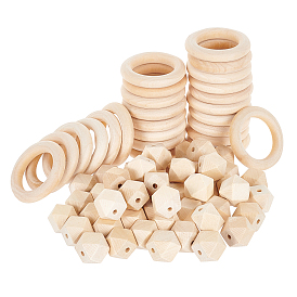 Faceted Nugget Natural Wooden Beads, with Unfinished Wood Linking Rings