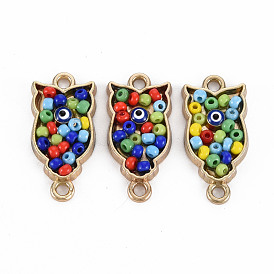 Alloy Enamel Links Connectors, with Glass Seed Beads, Light Gold, Owl