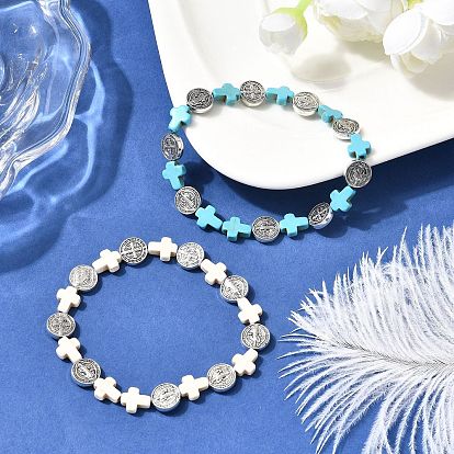 2Pcs 2 Colors Dyed Synthetic Turquoise & Alloy Flat Round Beads Stretch Bracelets for Men Women, Cross