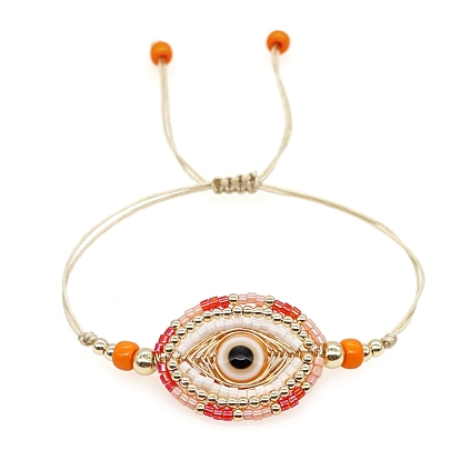 Friendship Evil Eye Loom Pattern Seed Beads Bracelets for Women, Adjustable Nylon Cord Braided Bead Bracelets