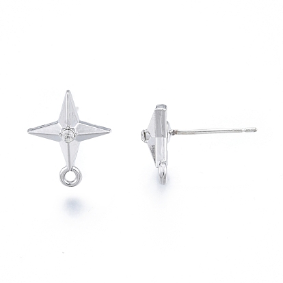 Rack Plating Alloy Rhinestone Stud Earring Findings, with Horizontal Loop and 304 Stainless Steel Steel Pin, Star, Cadmium Free & Nickel Free & Lead Free