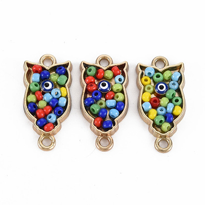 Alloy Enamel Links Connectors, with Glass Seed Beads, Light Gold, Owl