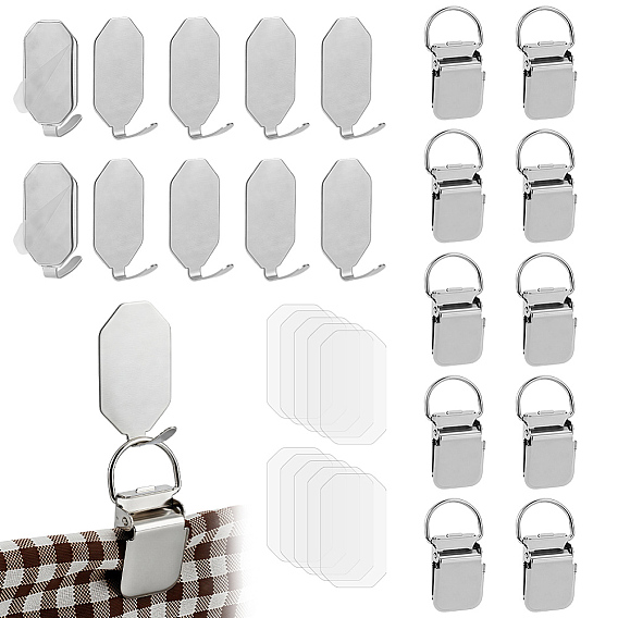 10 juegos de ganchos de pared de acero inoxidable, con pegatina acrílica, octágono, 10Clips de hierro (piezas), abrazadera en forma de D