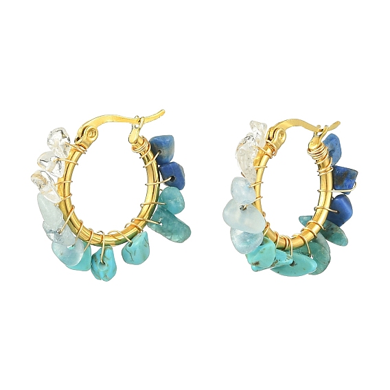 Серьги-кольца из натуральных смешанных драгоценных камней, 304 серьги из проволоки из нержавеющей стали, золотые