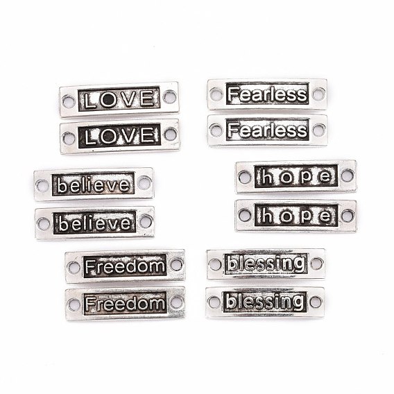 Tibetan Style Alloy Rectangle Word Links Connectors, Hope, Blessing, Love, Believe, Freedom and Fearless, 35x9~10x2~2.5mm, Hole: 2.5~3mm