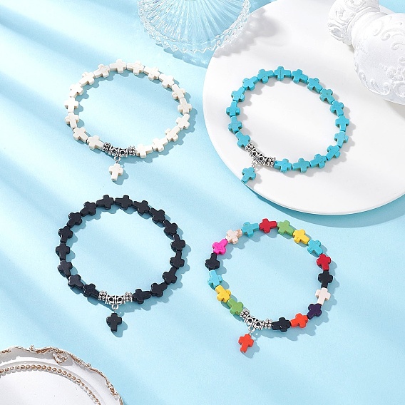 4 шт. 4 цвета синтетические бирюзовые браслеты с подвесками в виде крестиков, эластичные браслеты для мужчин и женщин, со сплавочной фурнитурой