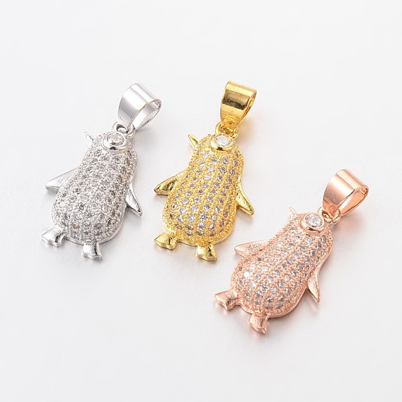 Латунные микро проложить кубического циркония подвески, пингвин, без свинца и без никеля , 21x14x7 мм, отверстие : 5x4 мм