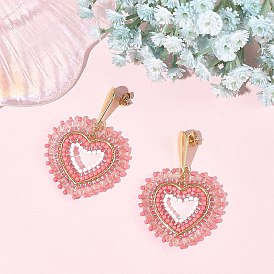 Glass Seed Bead Dangle Earrings, Heart, 304 Stainless Steel Stud Earrings for Women, Golden